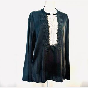 Kobi Halperin Black Embroidered Silk Tunic Top with White Lace Front Panel-Small